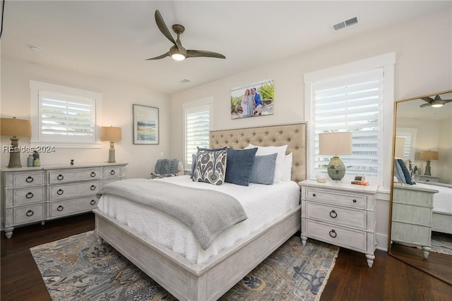 bedroom featuring dark wood-type flooring and ceiling fan