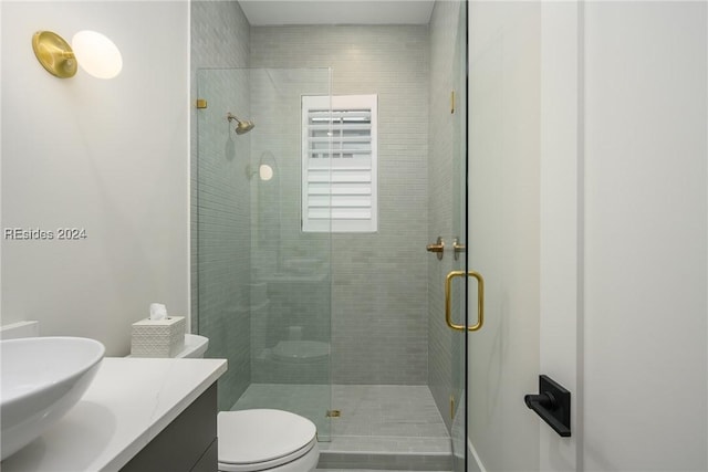 bathroom with vanity, an enclosed shower, and toilet