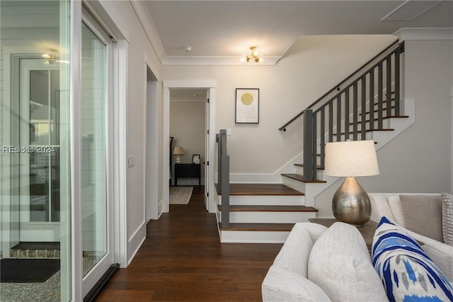 interior space with hardwood / wood-style flooring and ornamental molding