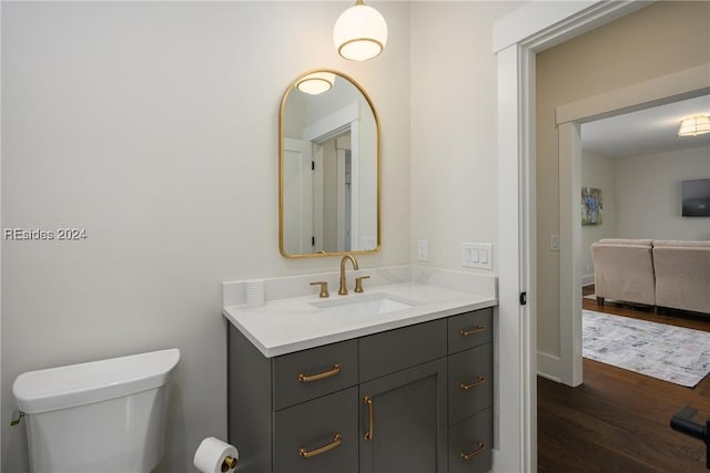 bathroom with hardwood / wood-style flooring, vanity, and toilet