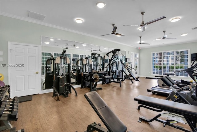 gym with ornamental molding and light wood-type flooring