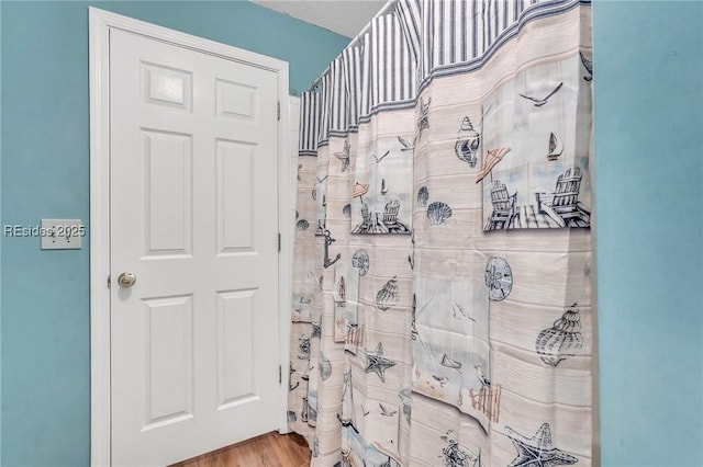 bathroom with wood-type flooring