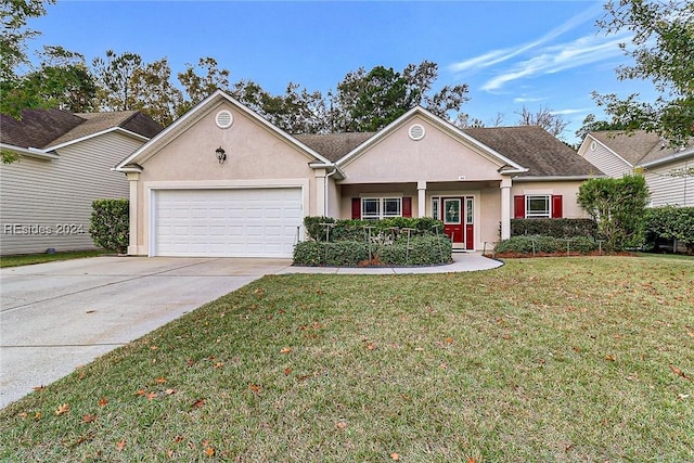 ranch-style home with a garage and a front lawn