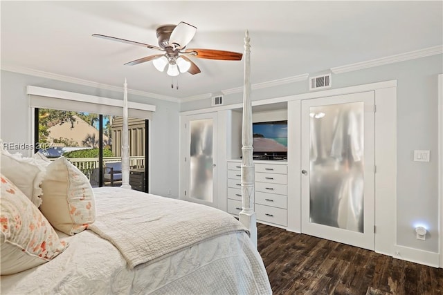 bedroom with dark hardwood / wood-style flooring, access to outside, ornamental molding, and ceiling fan