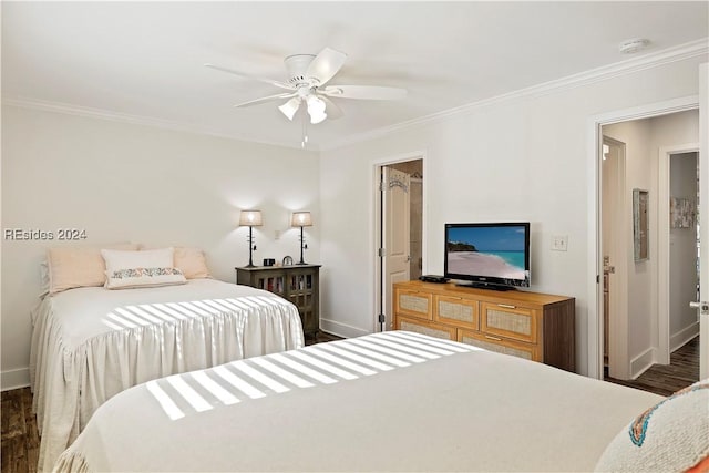 bedroom featuring ceiling fan, ornamental molding, and dark hardwood / wood-style floors