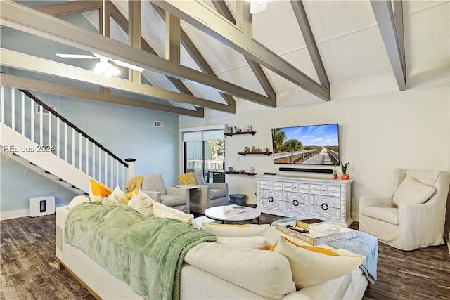 living room featuring lofted ceiling with beams and dark wood-type flooring