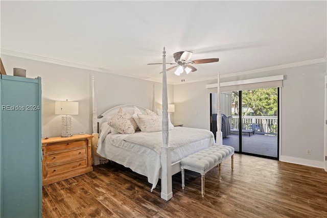 bedroom featuring ornamental molding, dark hardwood / wood-style flooring, access to outside, and ceiling fan