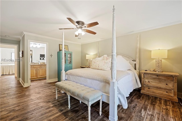 bedroom with crown molding, dark hardwood / wood-style floors, ensuite bathroom, and ceiling fan