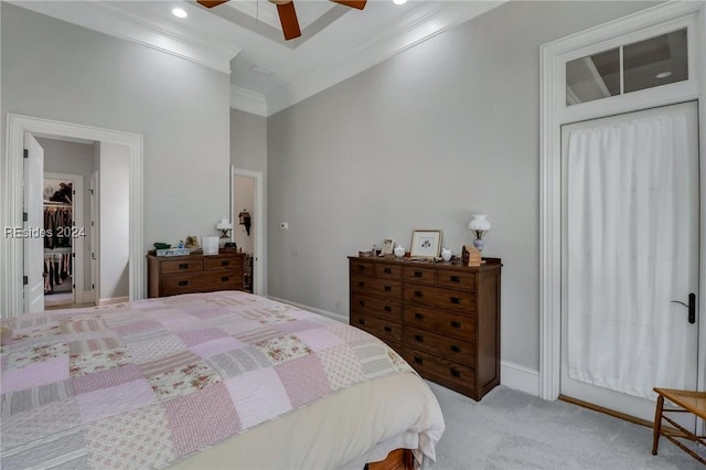 bedroom with ornamental molding, light carpet, and ceiling fan