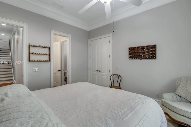 bedroom featuring ornamental molding, ceiling fan, and a closet