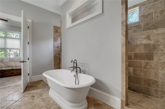 bathroom with shower with separate bathtub and crown molding