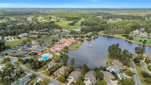 drone / aerial view featuring a water view