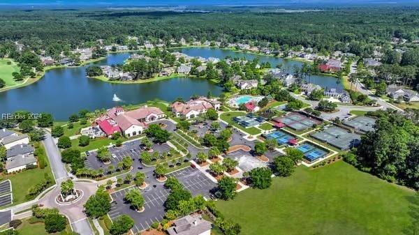 drone / aerial view with a water view