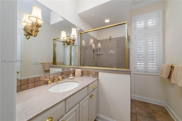 bathroom with crown molding, a shower with door, vanity, tasteful backsplash, and tile patterned floors