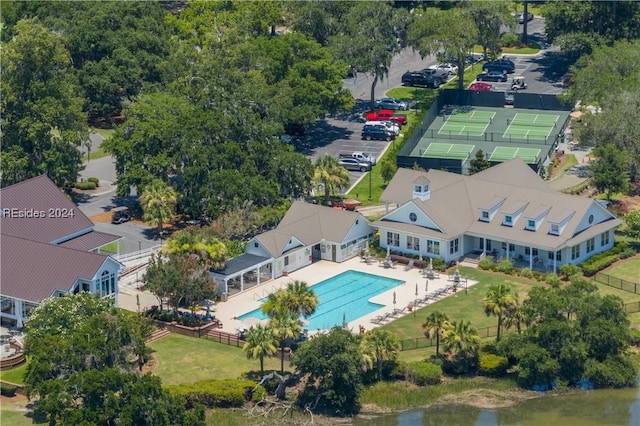 drone / aerial view with a water view