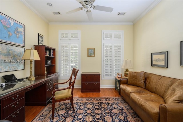 office with crown molding, ceiling fan, and wood-type flooring