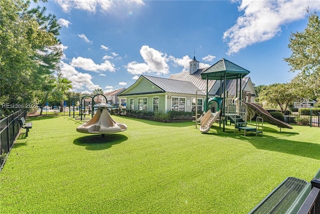 view of jungle gym with a yard