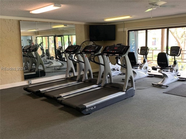 workout area featuring a wealth of natural light and a textured ceiling