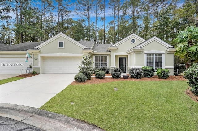 ranch-style house with a garage and a front yard