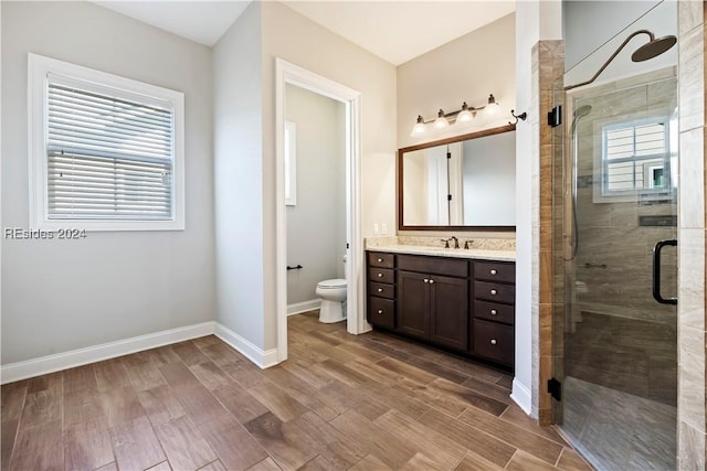 bathroom featuring plenty of natural light, toilet, a shower with shower door, and vanity