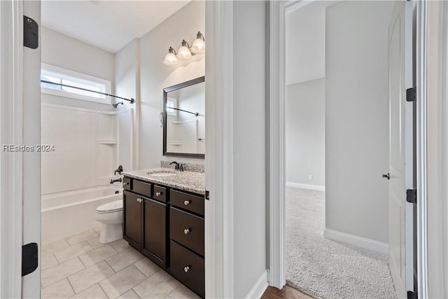 full bathroom featuring shower / bathtub combination, vanity, toilet, and tile patterned flooring