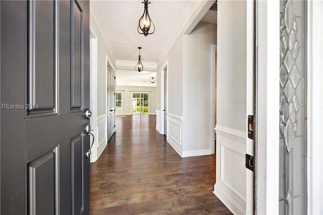 foyer entrance featuring ornamental molding and dark hardwood / wood-style floors