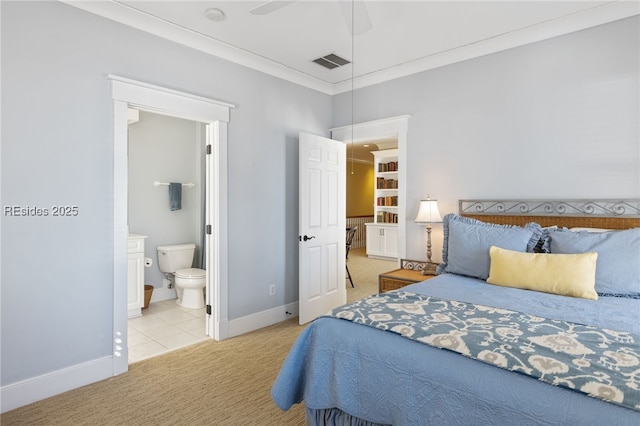 bedroom with light carpet, connected bathroom, crown molding, and ceiling fan