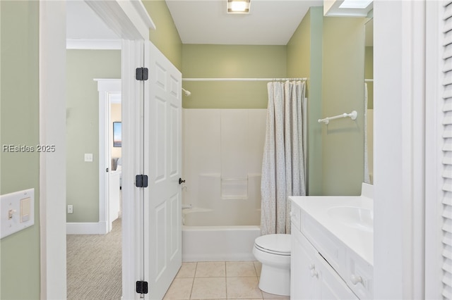 full bathroom with shower / bath combo, tile patterned flooring, vanity, ornamental molding, and toilet