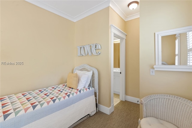 carpeted bedroom featuring ornamental molding