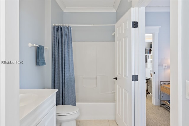 full bathroom with tile patterned flooring, vanity, shower / tub combo, toilet, and crown molding