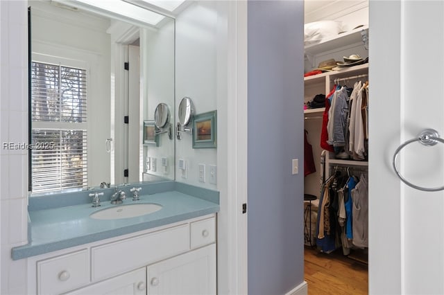 bathroom with hardwood / wood-style flooring and vanity