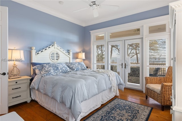 bedroom with dark hardwood / wood-style flooring, access to exterior, ceiling fan, and french doors