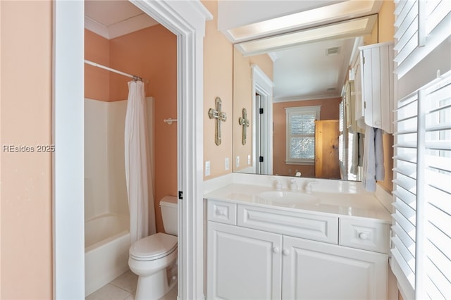 full bathroom featuring toilet, crown molding, vanity, shower / bath combination with curtain, and tile patterned flooring