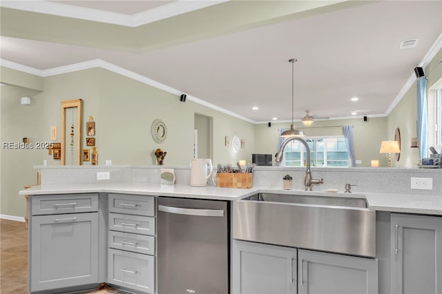 kitchen featuring sink, ornamental molding, stainless steel dishwasher, and gray cabinets