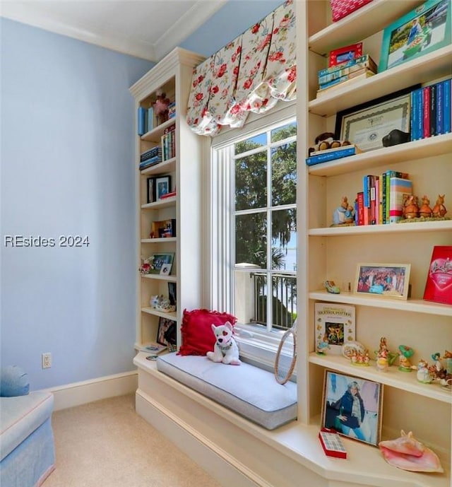 sitting room with crown molding and carpet flooring