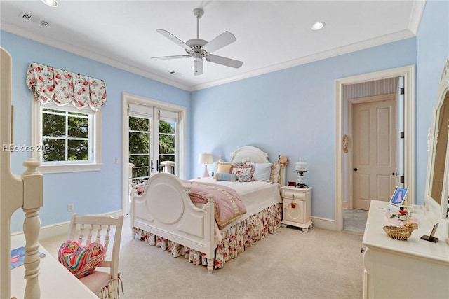 bedroom with french doors, crown molding, light carpet, ceiling fan, and access to exterior