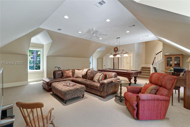 living room featuring pool table, lofted ceiling, and light colored carpet