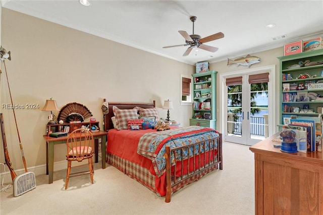 bedroom with french doors, access to outside, ornamental molding, carpet floors, and ceiling fan