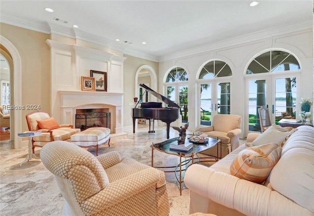 living room with crown molding and french doors