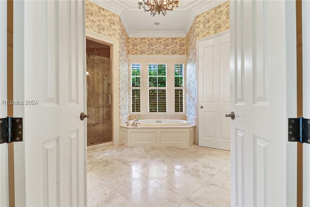 bathroom featuring crown molding, independent shower and bath, and an inviting chandelier