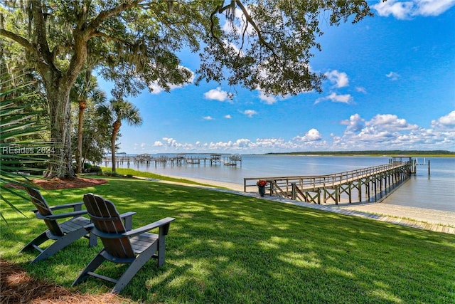 dock area featuring a water view and a yard