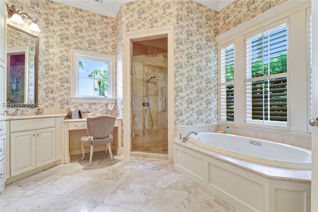 bathroom with vanity and separate shower and tub