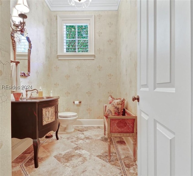 bathroom with vanity, ornamental molding, and toilet