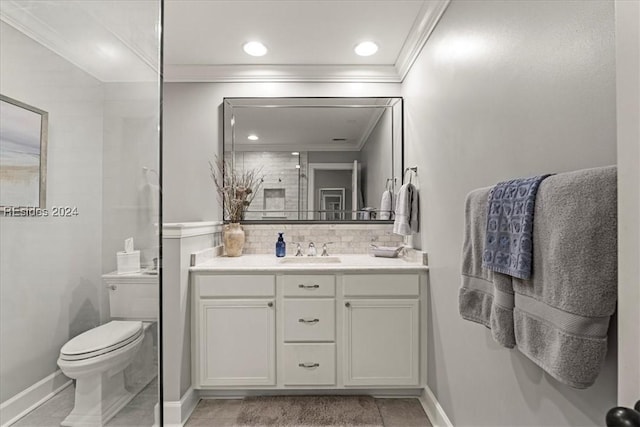 bathroom with toilet, tasteful backsplash, ornamental molding, vanity, and tile patterned flooring