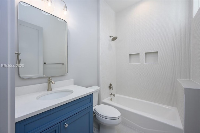 full bathroom featuring vanity, tub / shower combination, and toilet