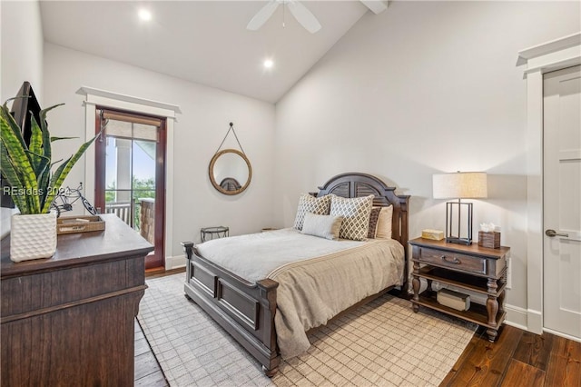 bedroom with dark hardwood / wood-style flooring, access to outside, lofted ceiling with beams, and ceiling fan