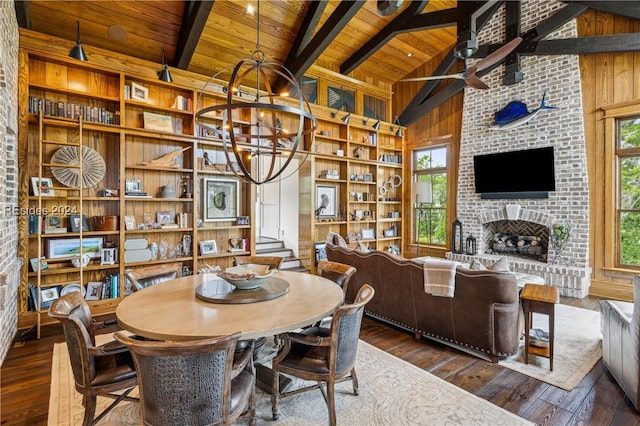 dining space featuring beam ceiling, a fireplace, wooden ceiling, and dark wood-type flooring