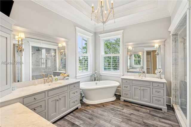 bathroom featuring vanity, hardwood / wood-style floors, crown molding, and plus walk in shower