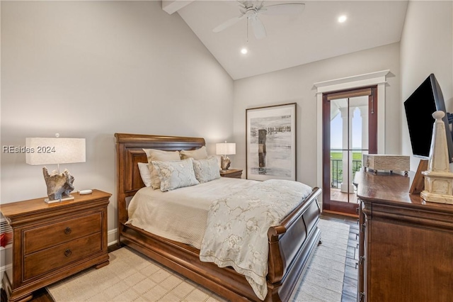 bedroom featuring vaulted ceiling with beams, access to outside, light hardwood / wood-style floors, and ceiling fan