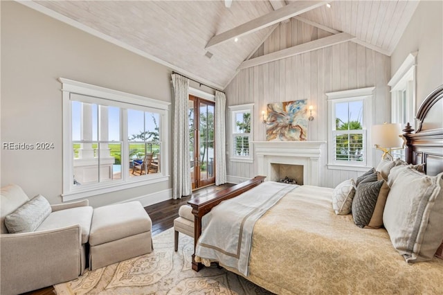 bedroom with beamed ceiling, wood-type flooring, high vaulted ceiling, and wood ceiling